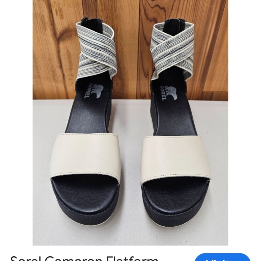 Sorel Cream and Black Platform Sandal with Strappy Ankle